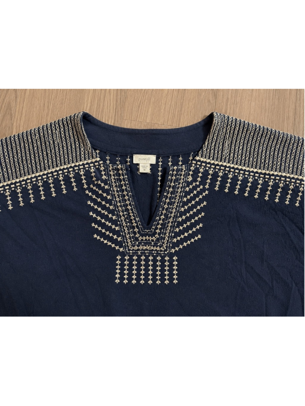 Pure Jill Embroidered Tunic Top Women’s Medium Navy Blue Cotton Linen Boho - Picture 5 of 8